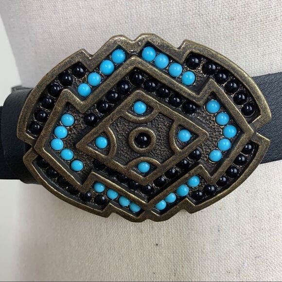 Bronze Color Brass Buckle w/Turquoise and Black‎ - Picture 2 of 13